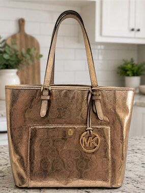 Michael Kors Jet Set Metallic Rose Gold Tote MK Logo Medallion Shoulder Bag